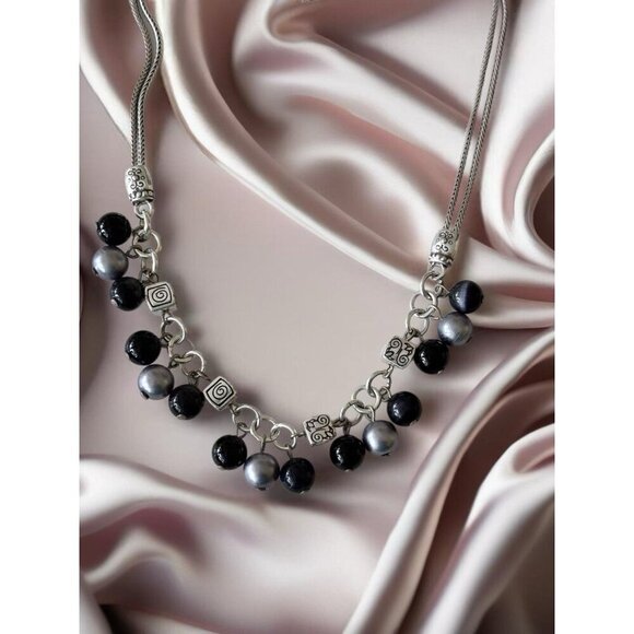 Brighton Drop Dangle Grey Black Silver Cha-Cha Beads Choker Necklace 19 in. - Picture 3 of 7
